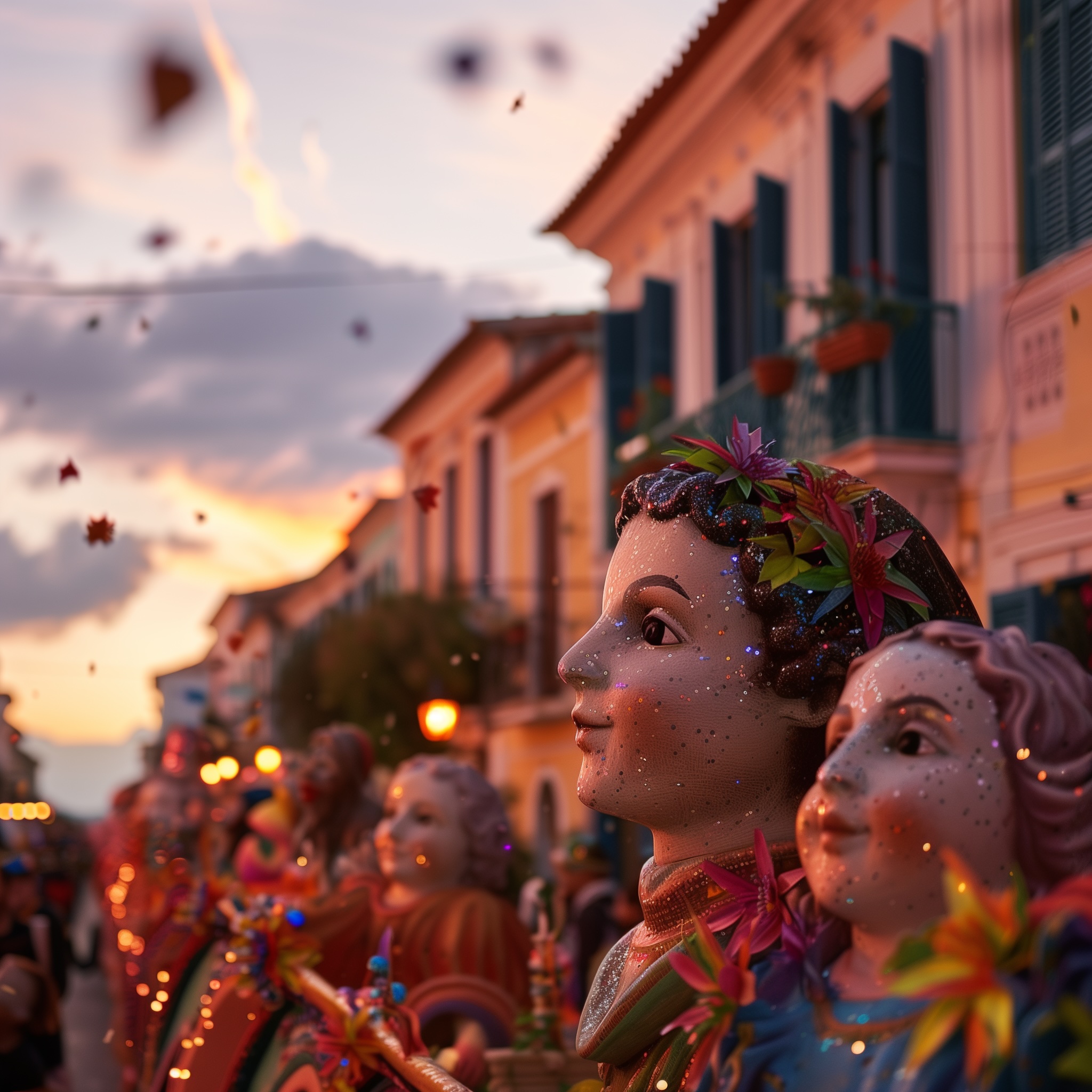 An illustration of a close up of a beautiful carnival float somewhere in Greece