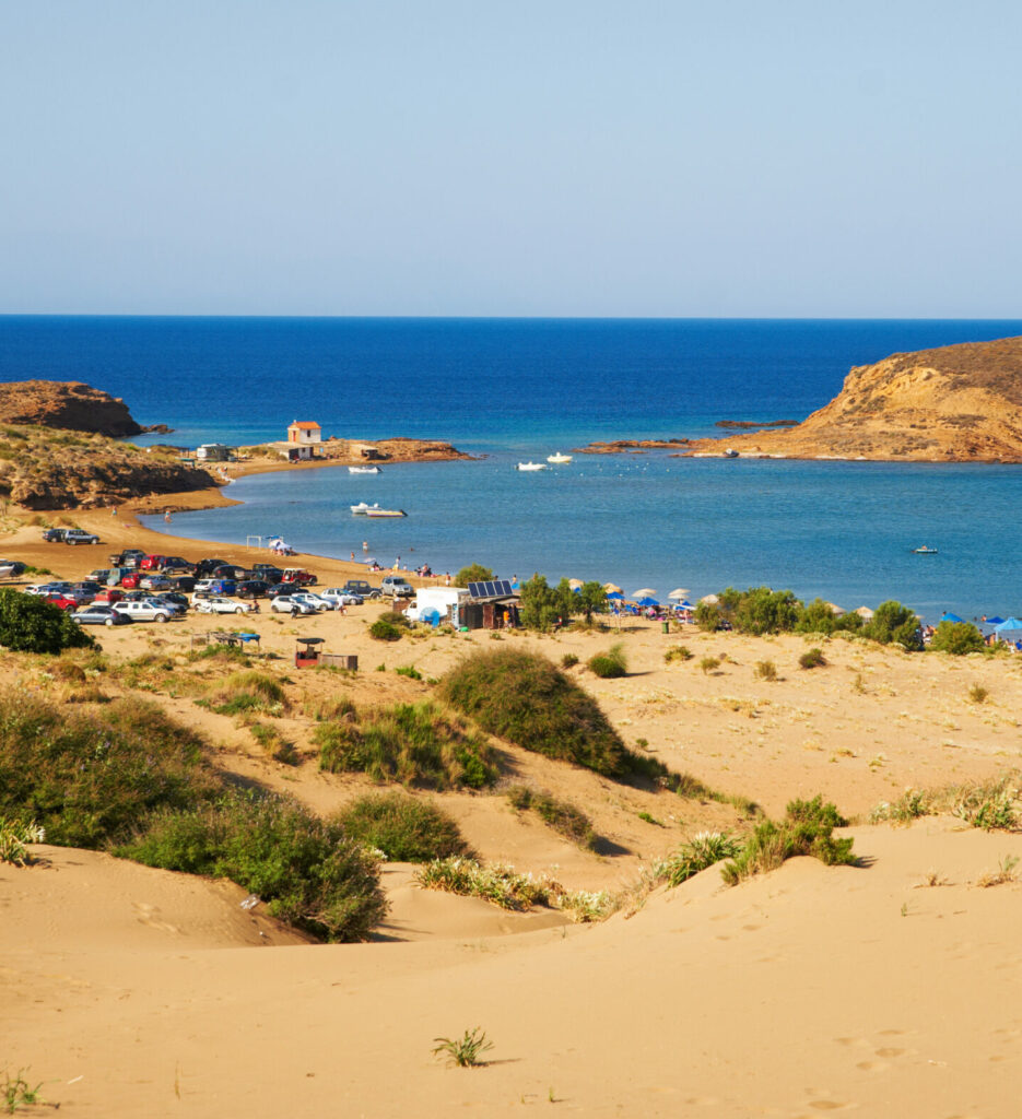 a sandy beach with cars and a body of water