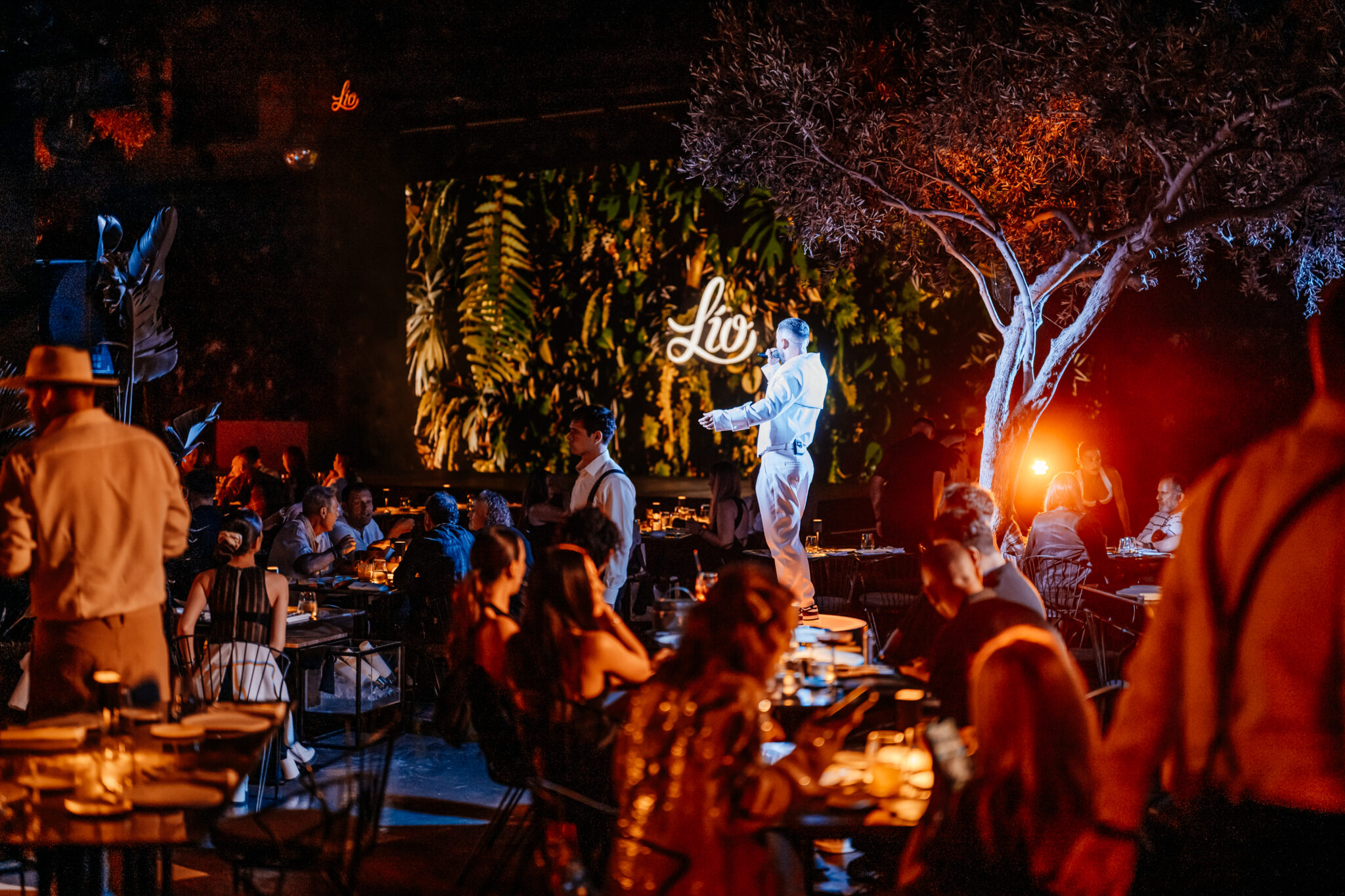L&iacute;o Mykonos: One Last Spectacularrr Night. Guests gathered beneath the trees in the illuminated garden at L&iacute;o Mykonos.