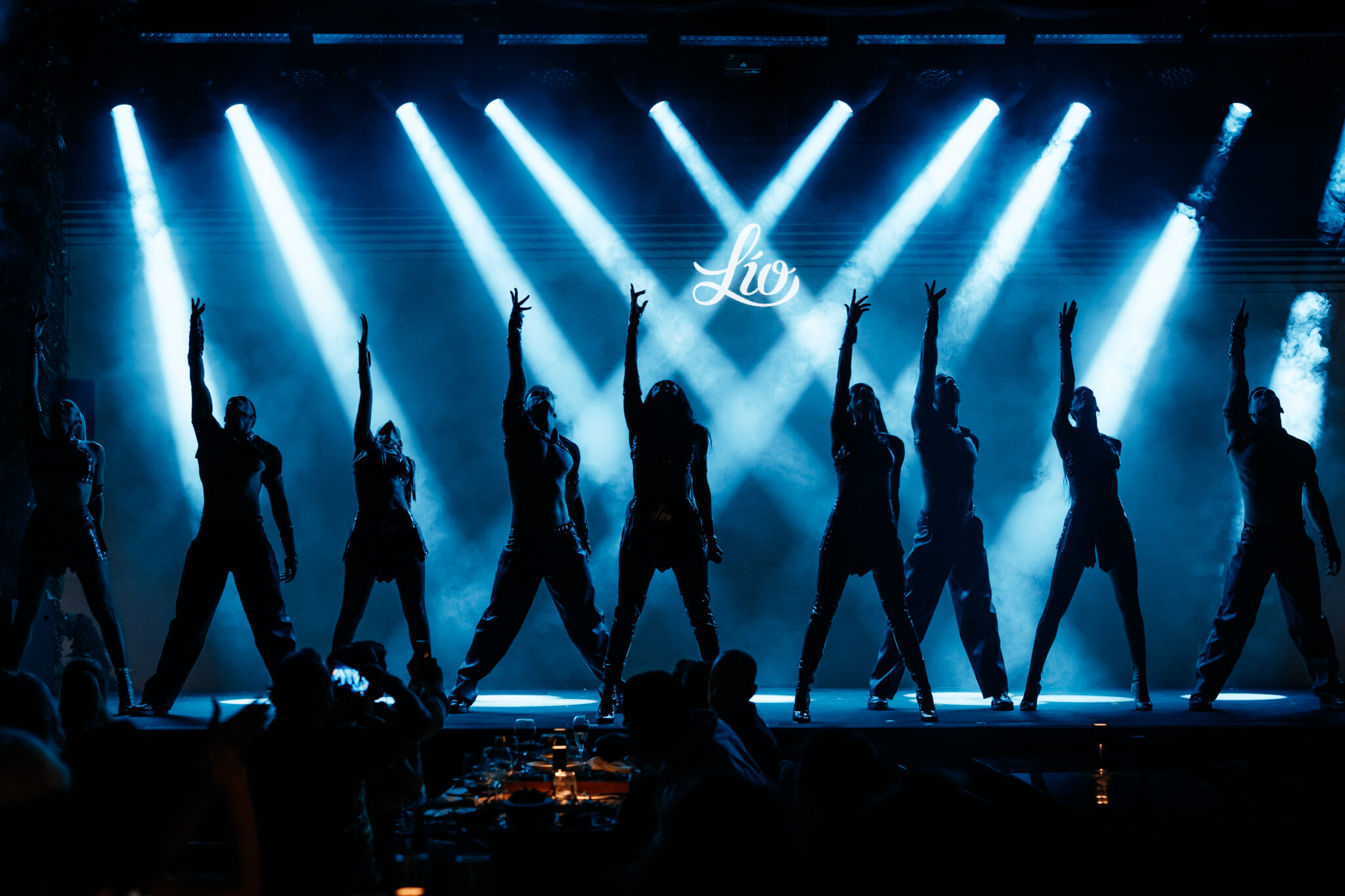 L&iacute;o Mykonos: One Last Spectacularrr Night. An ensemble of performers silhouetted beneath a row of bright stage lights.