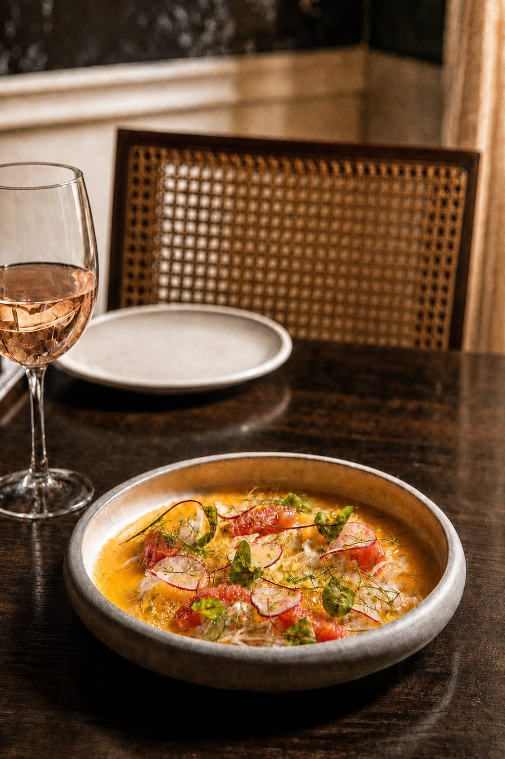 Koukaki&rsquo;s Best Places to Eat: Mani Mani, a plated dish beside a wine glass in the dining room