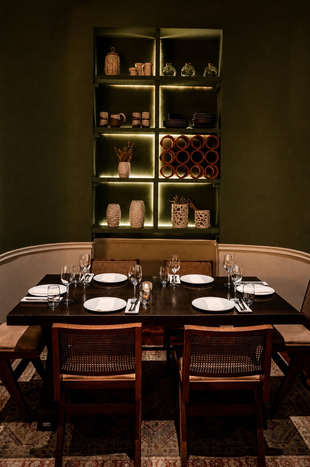 Koukaki&rsquo;s Best Places to Eat: Mani Mani, a set dining table beneath shelves of wine bottles