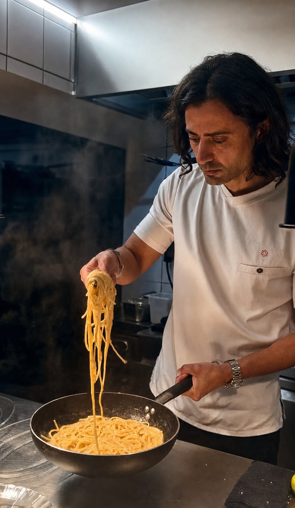 Koukaki&rsquo;s Best Places to Eat: Ristorante di Caravaggio, a cook lifting pasta from a pan