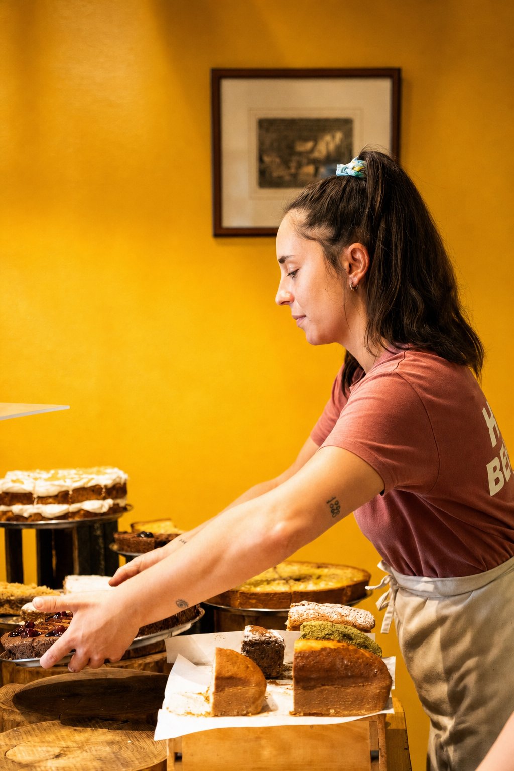 Koukaki&rsquo;s Best Places to Eat: Takis Bakery, a baker arranging cakes on a wooden counter