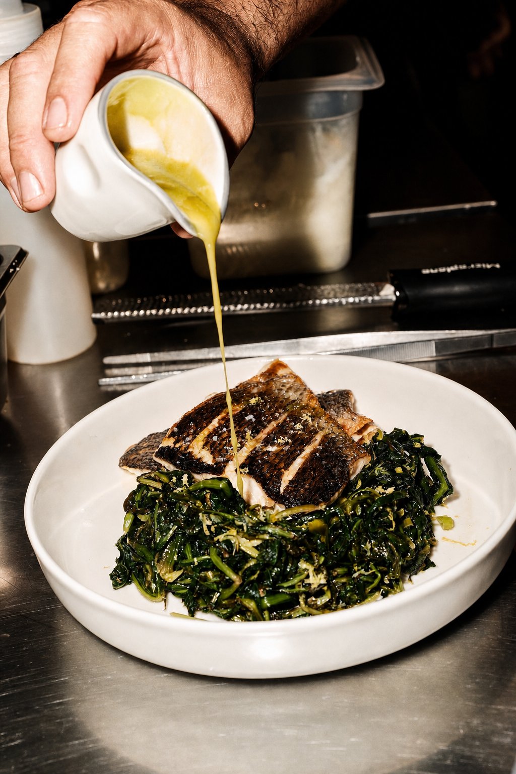 Koukaki&rsquo;s Best Places to Eat: Voulkanizater, sauce being poured over a plated dish with greens