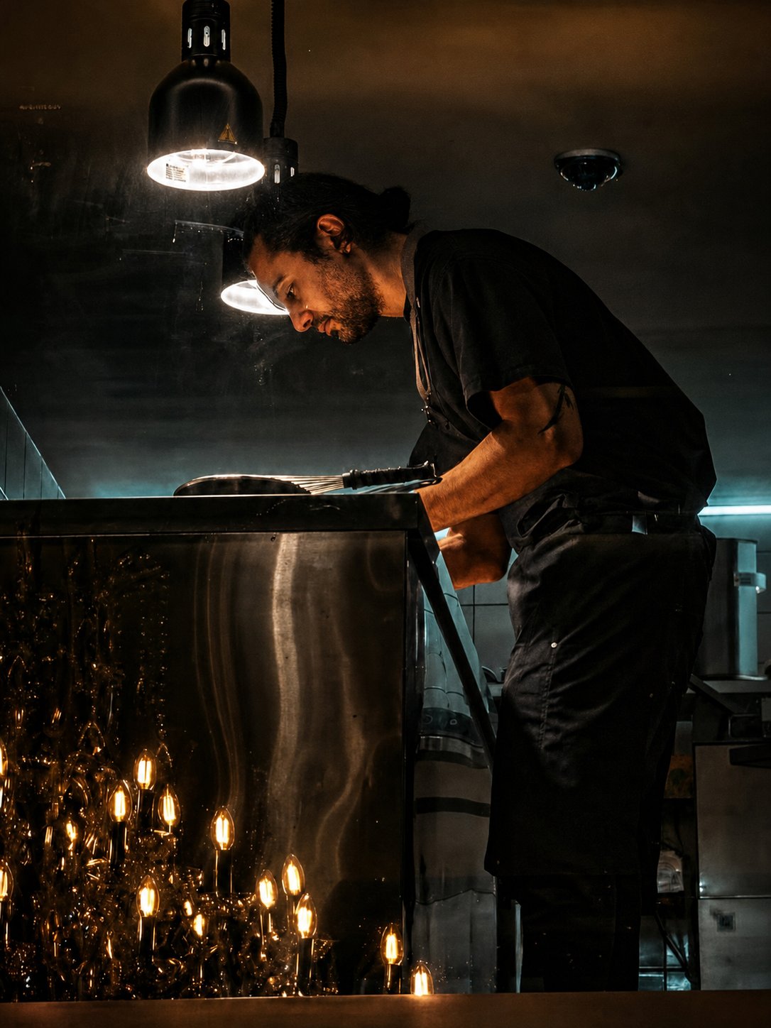 Koukaki&rsquo;s Best Places to Eat: Ristorante di Caravaggio, a cook working beneath lamps in the open kitchen