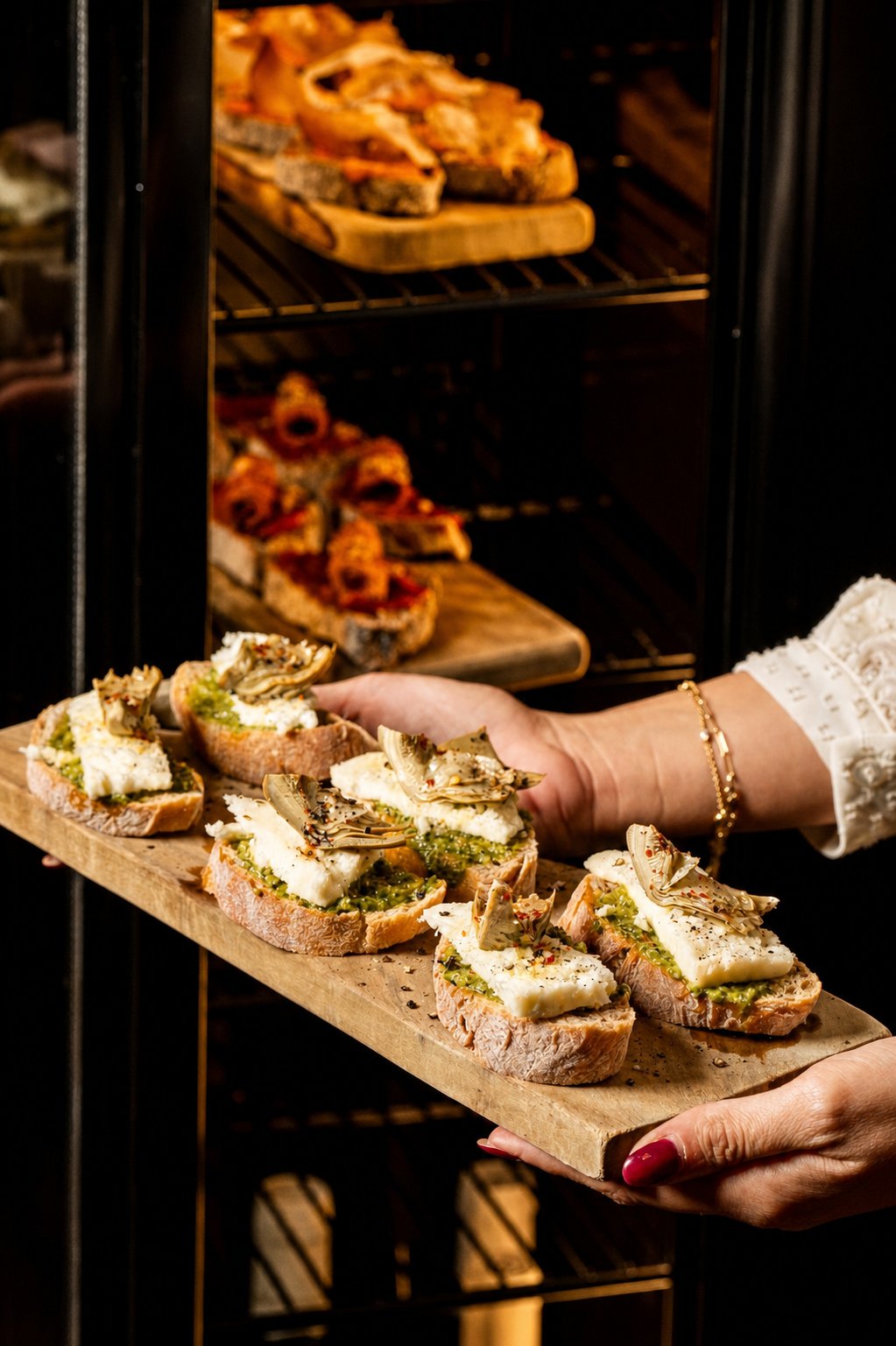 Koukaki&rsquo;s Best Places to Eat: Drupes Spritzeria, a board of open-faced sandwiches being carried to a table