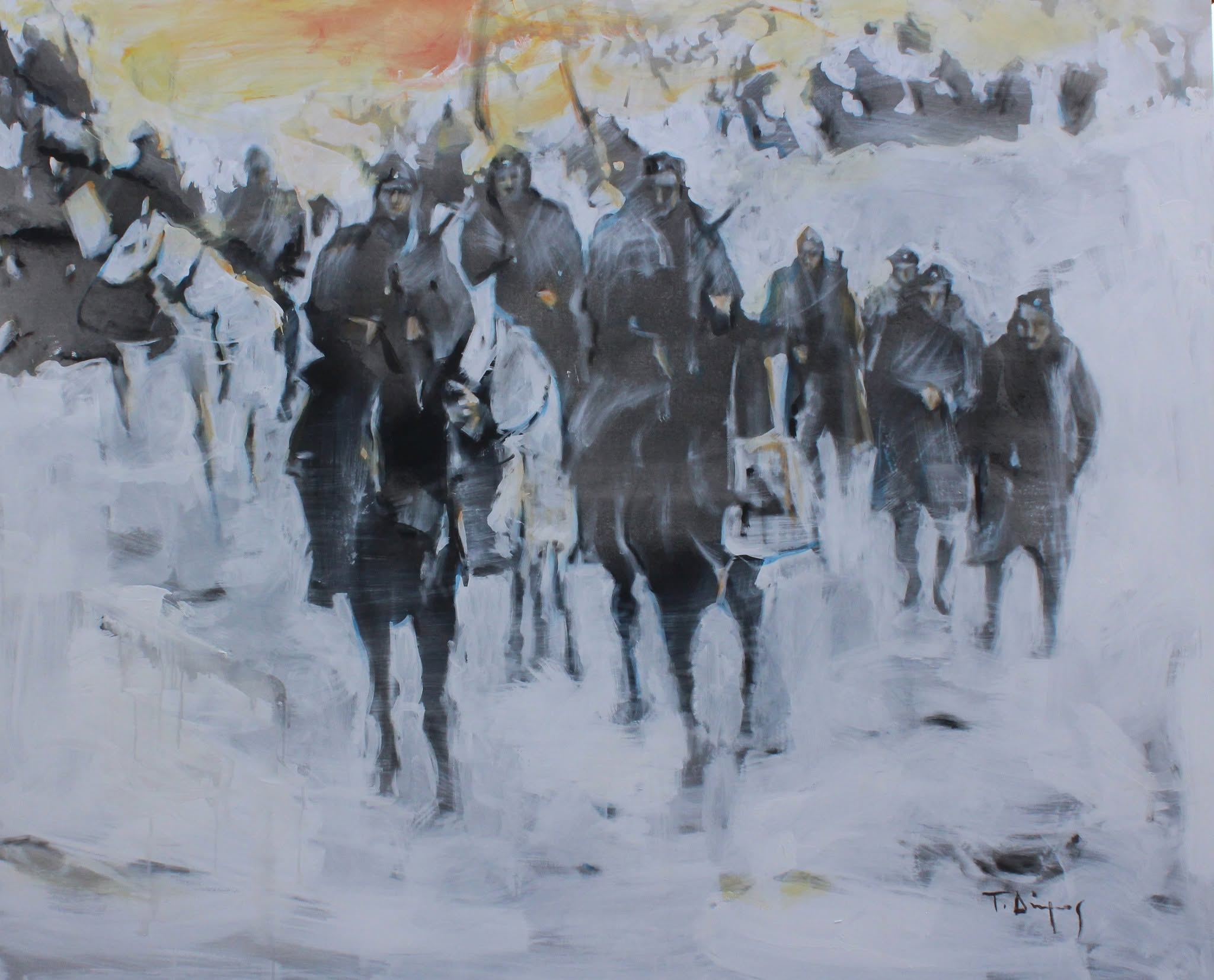 Painting of soldiers and pack animals moving along a snow-covered mountain route.